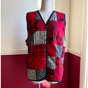 Vintage Susan Bristol Patchwork Vest Women's L Red Black Plaid Button Front